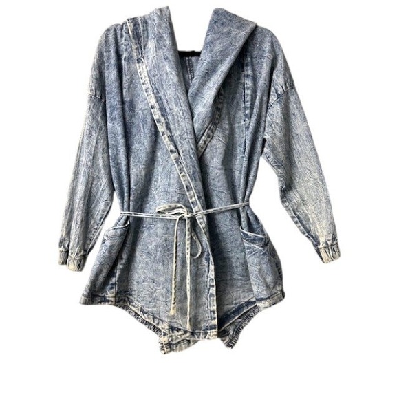 Vibrant M.I.U Womens L Acid Wash Denim Hooded Jacket Belted Retro 80s Style - Picture 1 of 14